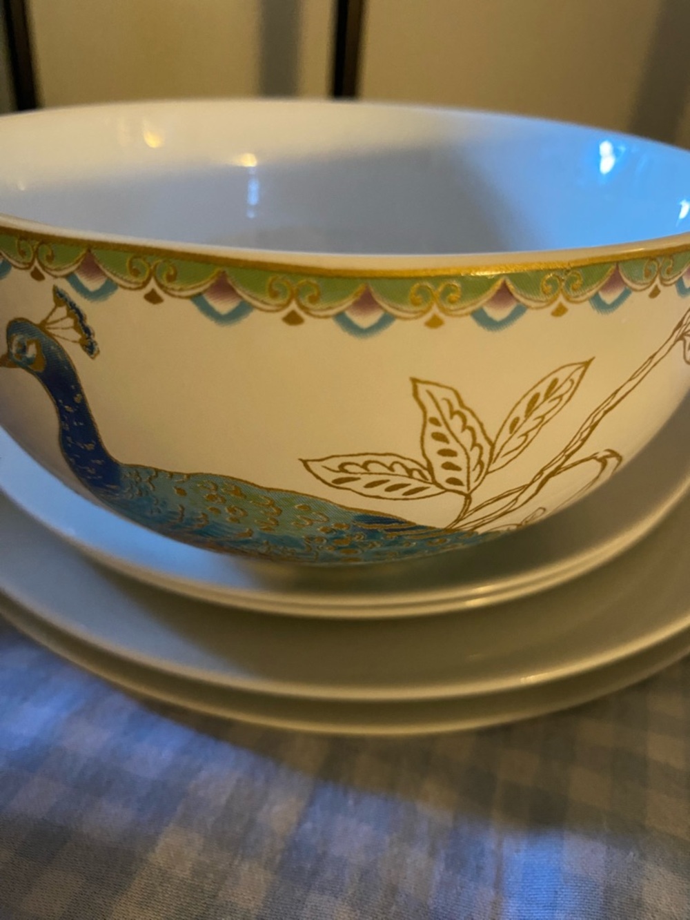 222 Fifth Peacock Garden Soup Cereal Bowls Fine China Porcelain Gold Trim x 2 - Picture 5 of 16